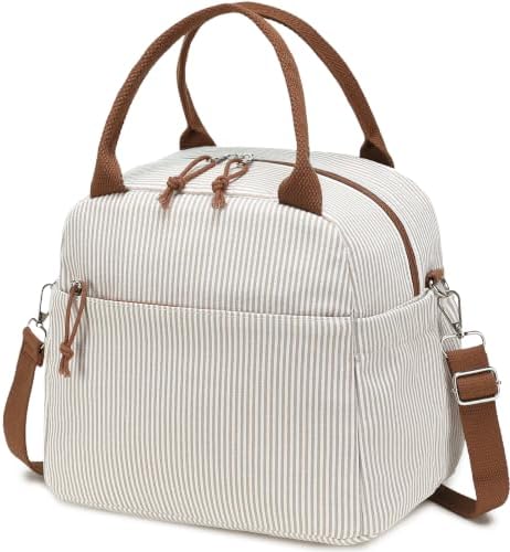 Bluboon Lunch Box for Women Cute Lunch Bag Reusable Insulated Lunch Bags Large Capacity Lunchbox Cooler for Work Picnic or Travel Gifts (Light Khaki White Stripes-13L, 10 x 7.5 x 8 inches)