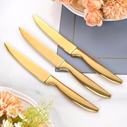 Serrated Steak Knives Set of 6, Gold Kitchen Steak Knives Dishwasher Safe