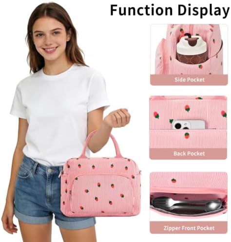 GASSDA Lunch Box for Women Insulated Lunch Bag Women Adult Cute Lunch Bags Reusable Lunchbox Cooler Tote Bag for Work Picnic (Pink-Strawberry)