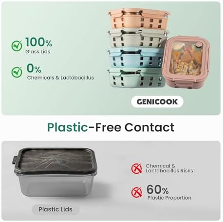 GENICOOK Glass Meal Prep Containers 5 Pack, 4.4 Cup Airtight Leakproof Lids, Borosilicate Glass Food Storage Containers, Microwave Oven Freezer Safe, BPA Free Lunch Containers