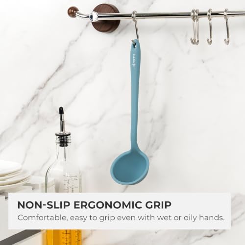 Elihome Classic 10.5 inch Silicone Soup Ladle Cooking Spoon: 600ºF Heat Resistant 2 oz Non-stick Seamless Deep Serving Spoon with Non Slip Long Handle for Cooking Sauce Stews Gravy - Teal Grey