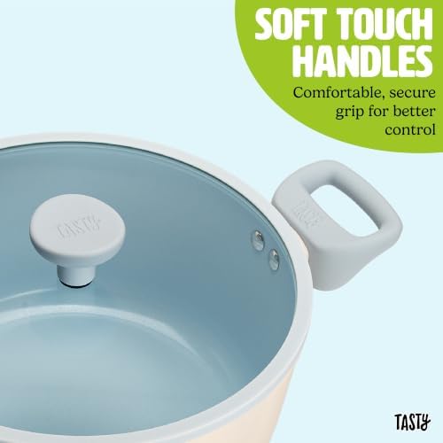 Tasty Ceramic Stock Pot with Glass Lid, Silicone Spoon, Healthy Nonstick Dutch Oven, Soup Pot, Casserole, Made without PFAS, PFOA, PFOS and PTFE, Dishwasher Safe, 5-Quart, 3-Piece Set, Blue