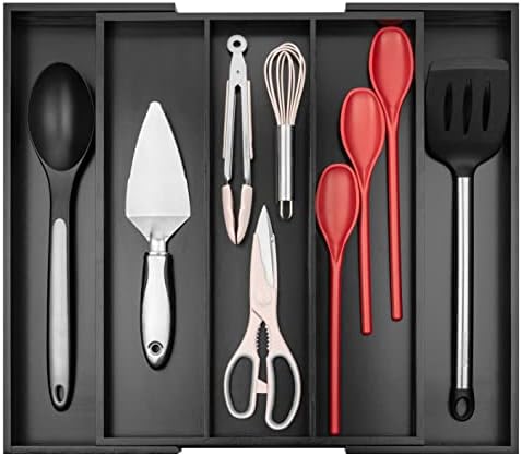 Purawood Kitchen Drawer Organizer - Expandable Utensil Organizer for Kitchen, Cutlery Tray & Silverware Organizer, 3-5 Slots - Bamboo Drawer Organizer for Utensils & Flatware (Black)