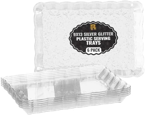 6 Pack Silver Glitter Plastic Serving Trays for Party, 9 x 13 Inch - Heavy Duty Plastic Silver Trays for Food - Rectangular Party Serving Platters