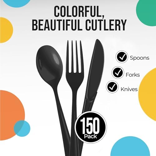 Party Solids Black Plastic Silverware 150 Pcs Black Cutlery Set