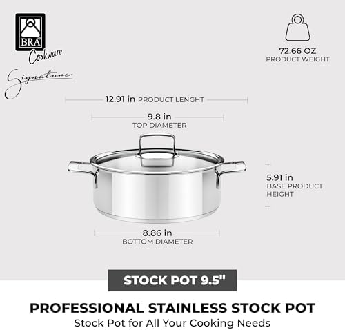 BRA COOKWARE Signature Stainless Steel Stock Pot w/Lid | 9.5 Inches 4 Qt