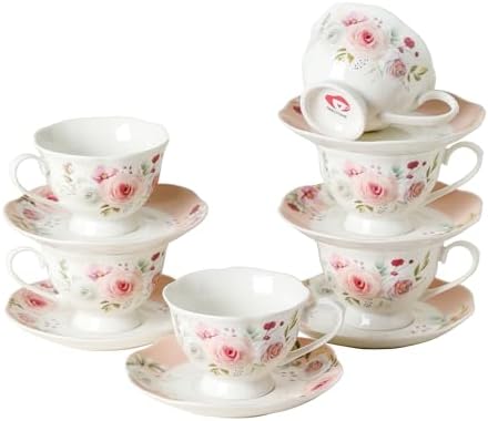 6oz Floral Porcelain Tea Cup & Saucer Set of 6, Pink Rose, Party