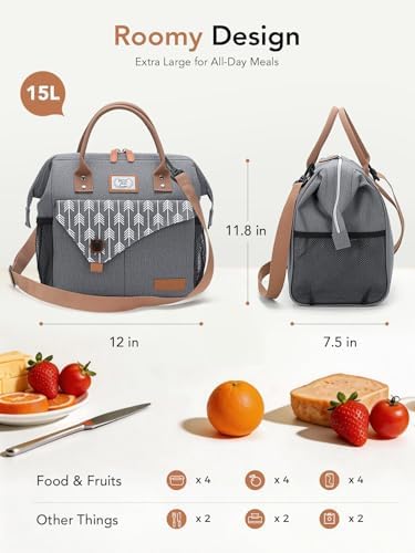 Lekesky Insulated Lunch Bag Portable Lunch Bag for Women Work-15L, Grey