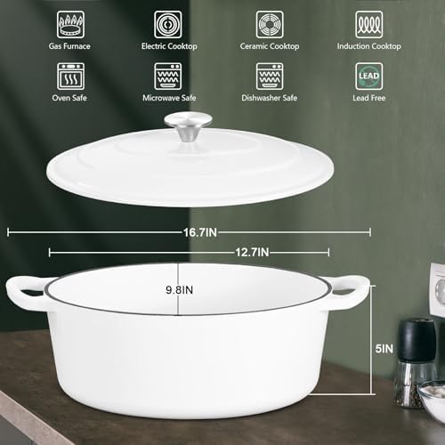 Leonyo 7-Quart Enameled Cast Iron Oval Dutch Oven Pot with Lid, White