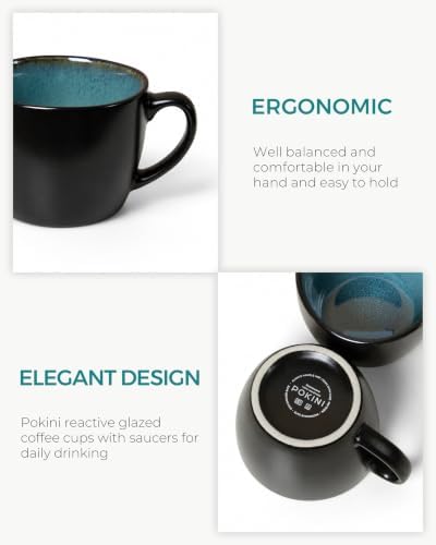 Pokini Stoneware Coffee Cups with Saucers, Cappuccino Cups, Mugs Set of 4