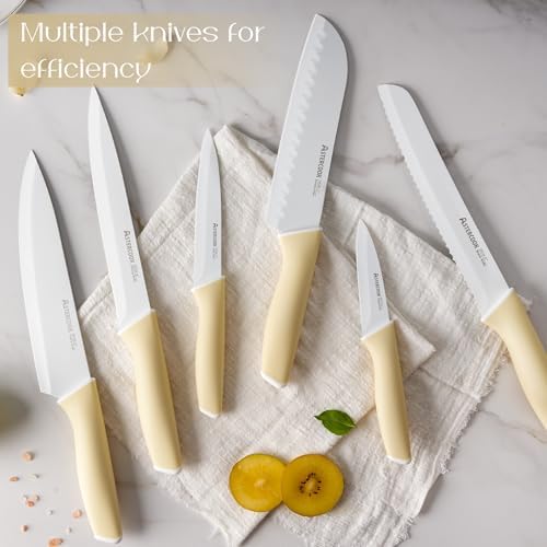 Astercook Kitchen Knife Set with Block and Sharpener 15 Piece Knives Set German High Carbon Stainless Steel Sharp Blade Dishwasher Safe with Ergonomic Handle Yellow