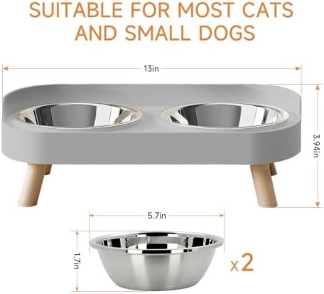 Elevated Cat Bowl, Raised Cat Food and Water Bowl Set for Indoor Cats, Splash Proof with 2 Stainless Steel Pet Food Bowls for Cats and Puppies, Whisker Fatigue and Dishwasher Safe - Grey