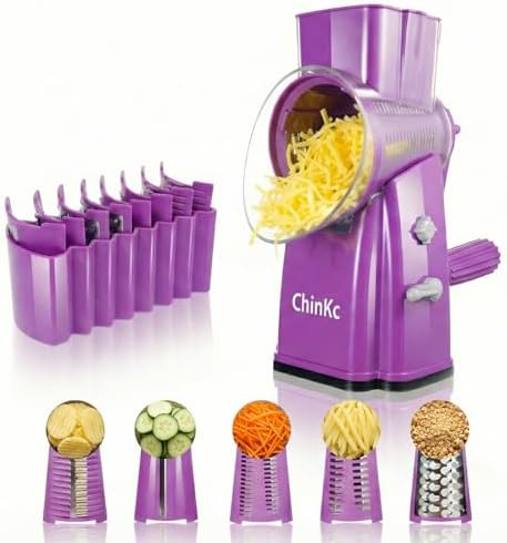 Upgrade Rotary Cheese Grater Shredder with Handle, Strong Suction Base, Multi-purpose Rotary Grater Slicer with 5 Interchangeable Blades for Ice, Vegetables, Fruit, Nuts with Blade Storage Box