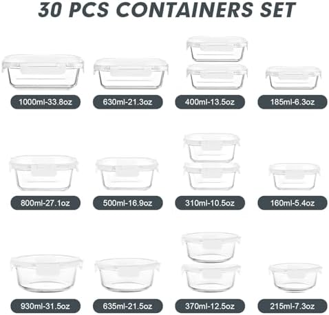 VERONES 30 Pieces Glass Food Storage Containers Set with Lids, White