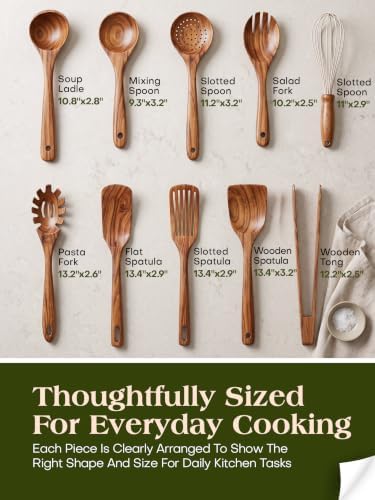 AIUHI 10Pcs Wooden Kitchen Utensils, Teak Wood Utensil Set for Kitchen, Heat-resistant Wooden Spoons for Cooking, Nonstick Wood Spatula Soup Ladle Tong Egg Whisk