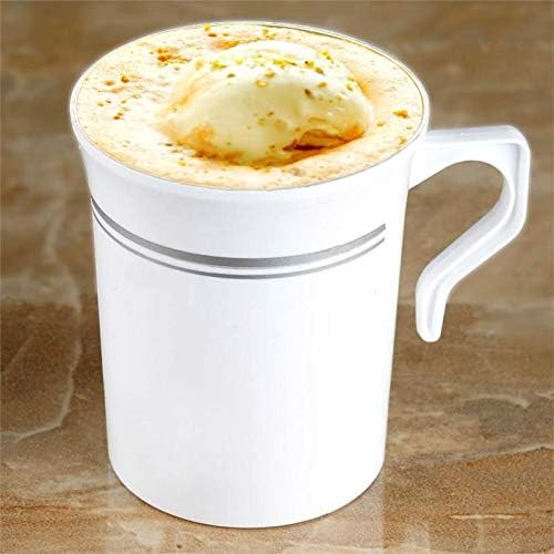 BloominGoods 50 Heavyweight Disposable White Plastic 8 oz. Coffee Mugs with Silver Trim | Tea, Cappuccino, Espresso Cups with Handles (50-Pack)