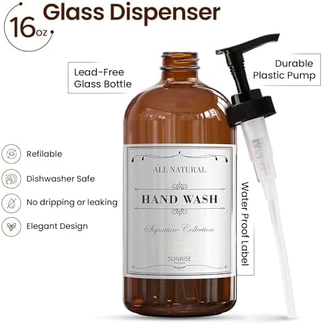 Sunrise Premium Amber Glass Soap Dispenser with Pump, 2 Pack