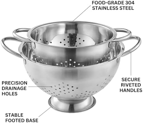 2 Pack Stainless Steel Colander Set with Handles - Heavy-Duty Nesting Strainers (5 Qt, 1 Qt) for Pasta, Rice, Vegetables, Rust-Proof Kitchen Drainer Bowls
