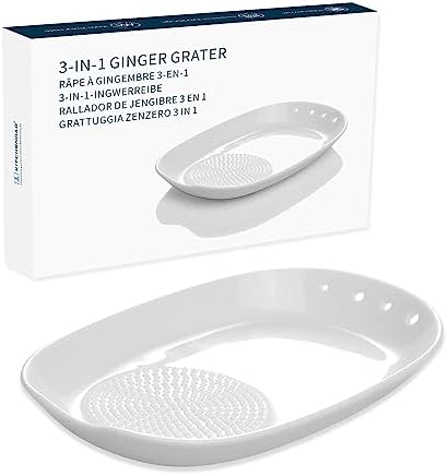 KITCHENDAO 3 in 1 Porcelain Ginger Grater Tool Spoon Rest Herb Stripper, 6.5 x 4.3 inches for Kitchen, Japanese Ceramic Garlic Grinding Wasabi Grater Plate Dish for Daikon Radish & Parmesan Cheese