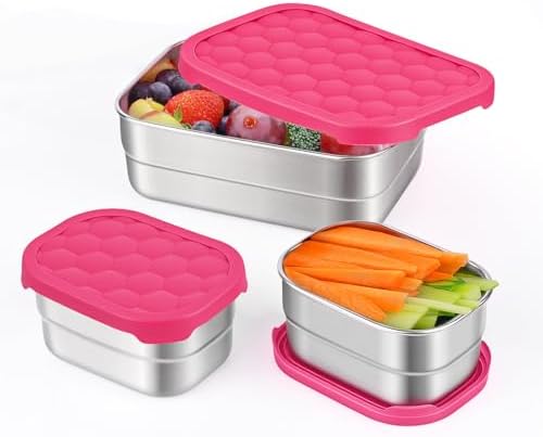Tanjiae Stainless Steel Lunch Box for Kids | Leak Proof 304 Stainless Steel Snack Containers with Silicone Lids - Perfect Metal Food Containers Set for Kids and Toddlers (25oz+8oz*2)