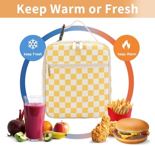 Lunch Box for Women Men Adult Insulated Lunch Bag Women Men Small Reusable Lunchbox for Work Picnic Travel (Beige-Yellow Plaid)