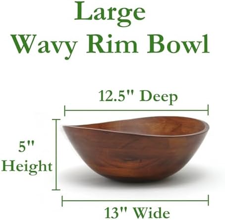 Lipper International Rubberwood Wavy Rim Bowl with Cherry Finish for Fruits, Salads, or Popcorn, Large, 13" x 12.5" x 5", 155.54 Fl. Oz., Single Bowl
