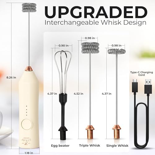Zulay Kitchen Rechargeable Milk Frother Handheld - Frother Wand, Drink Mixer, Electric Whisk Frother, for Cappuccinos, Matcha & Protein Powder - Dynamic 3 Whisk, 3 Speed 500mAh Cream Gold