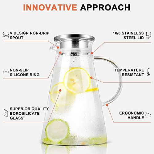 SUSTEAS 2L/68oz Glass Pitcher with Lid and Handle,Carafe for Hot/Cold Water