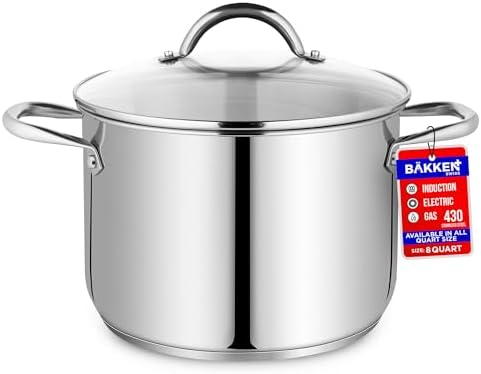Stainless Steel Stockpot with Tempered Glass Lid 8 Quart, Durable 18/0 Stainless Steel, Impact-Bonded Base for Even Heating, Riveted Handles, Oven & All Stove Compatible, Safe Up To 500°F (260°C)