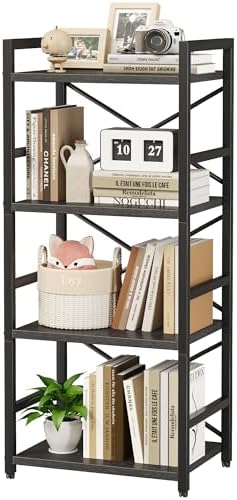 Homeiju Black Bookshelf, 4 Tier Small Bookcase, Black Metal Small Bookcase, Book Shelf Organization and Storage for Living Room, Bedroom, and Home Office