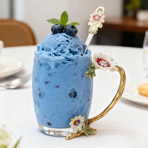 Flower Glass Tea Cup With Spoon Ideal Gift For Women Especially Mom On Valentine's Day Christmas Birthday Durable Coffee Mug (Chrysanthemum, 12 OZ)