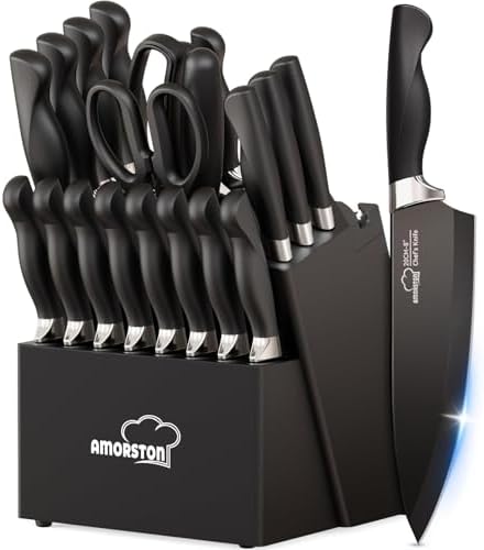 Knife Set, Amorston 21 Pieces Kitchen Knife Set with Block and Sharpener, Ultra-Sharp Knives Set with Ergonomic Handles, Black German Stainless Steel Knife Block Set, Dishwasher Safe