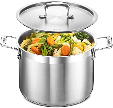 Stainless Steel Stockpot with Lid 8 Quart, Durable 18/8 Stainless Steel, Impact-Bonded Base for Even Heating, Riveted Handles, Oven & All Stove Compatible, Safe Up To 500°F (260°C)