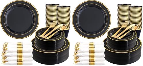 350 Pieces Black and Gold Plastic Plates with Disposable Silverware, Include 50 Dinner Plates 9”, 50 Dessert Plates 6.3”, 50 Black Cups 9 OZ, 50 Pre Rolled Napkins for New Year (Pack of 2)