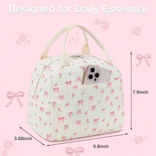 BTOOP Lunch Box for Women Men Cute Corduroy Lunch Bags Large Capacity Insulated Lunch Tote Bag For Work Travel Or Picnic (Pink Bow Floral-1)