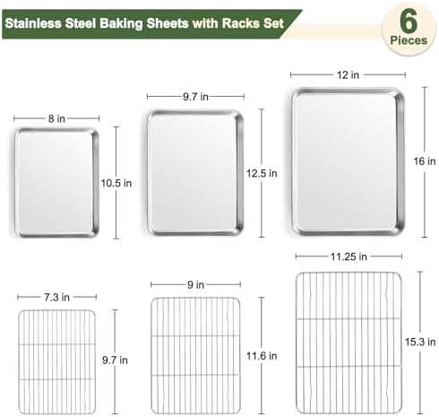 TeamFar Baking Sheet with Rack Set, 3 Pans + 3 Racks, 16/12.5/10.5 Inch