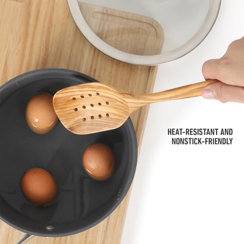 Calphalon Edge Slotted Spoon, 13-Inch Italian Olive Wood Strainer Spoon, Cooking Spoon for Draining, Stirring & Serving, Nonstick-Safe Kitchen Utensil