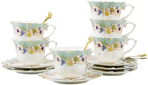 TATSUMI Country Roses 18 Peices Bone China Tea Cup And Saucer Set, English Vintage Tea Cups Of 6 For Women And Tea Party Sets(Dutch Blue, 6 sets)