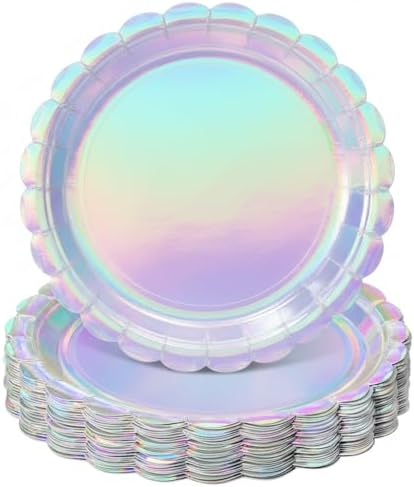 NatNarr 30 Pack Iridescent Plates, 9" Holographic Dessert Cake Plates