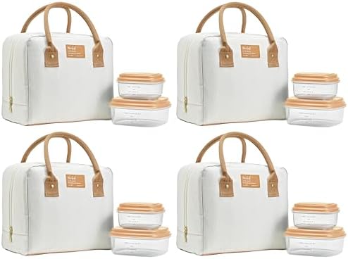 Fit & Fresh Lunch Bag For Women, Insulated Womens Lunch Bag For Work, Leakproof & Stain-Resistant Large_Lunch Box_For Women With Containers, Zipper Closure Bloomington_Bag, Ivory Woven (Pack of 4)