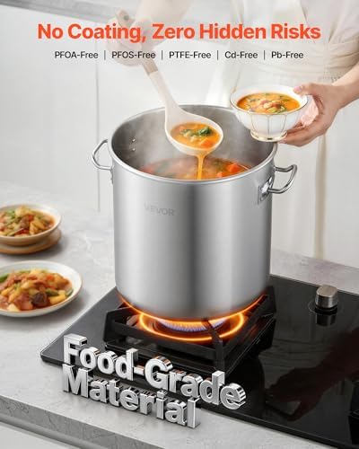 VEVOR Stainless Steel Stock Pot, 21-Quart Stainless Steel Stockpot with Glass Lid, PFOA-Free, PFAS-Free, Compatible with Gas Stoves, Induction Cooktops, Electric Stoves, for Soups, Stews, and Pasta