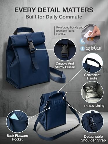 ZM-YOUTOO Insulated Foldable Lunch Bag- Lightweight Portable with Adjustable Shoulder Strap Lunch Box for Men, Women, Office, Work, Picnic, Hiking and Beach (Navy Blue(Soft Fabric))