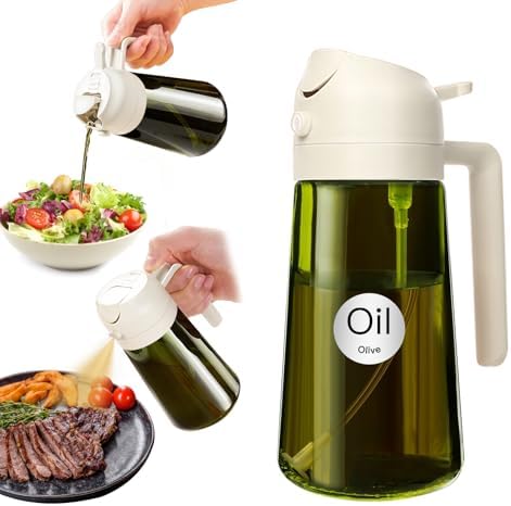 YARRAMATE 16oz/470ml Light-Blocking Dark Oil Sprayer for Cooking, 2 in 1 Olive Oil Dispenser Bottle for Kitchen, Premium Dark Green Glass Oil Bottle, Food-Grade Oil Mister for Air Fryer, BBQ (White)