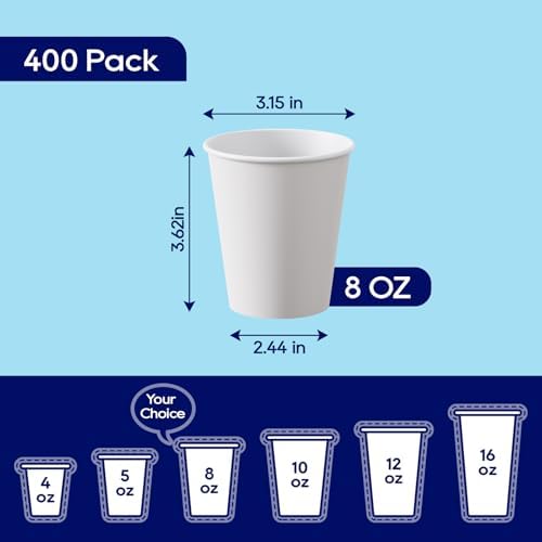 LITOPAK 400 Pack 8 oz Paper Cups, White Disposable Coffee Cups