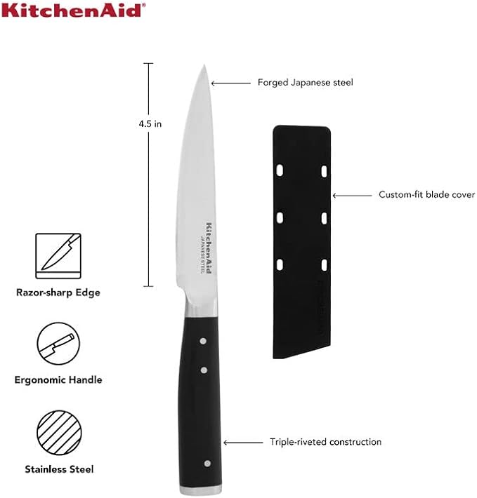 KitchenAid Gourmet Forged Triple Rivet Fine-Edge Utility Knife with Custom-Fit Blade Cover, 4.5-inch, Sharp Kitchen Knife, High-Carbon Japanese Stainless Steel Blade, Black