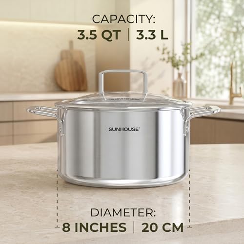 SUNHOUSE 3.4 QT Fully Clad Tri-ply Stainless Steel Stock Pot with Glass Lid