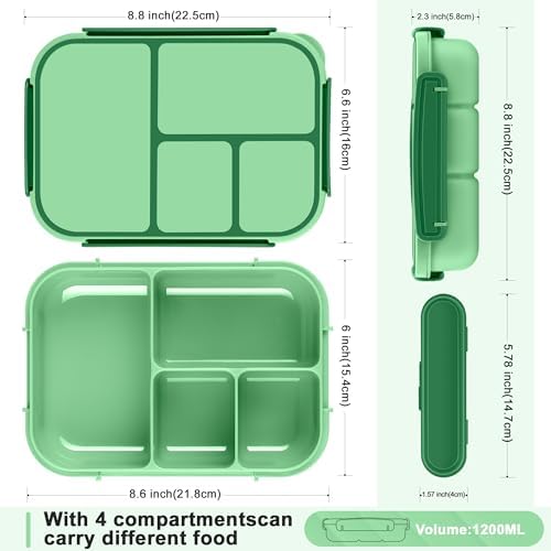 Amathley Lunch Box Kids,Bento Box Adult,Leakproof Lunch Containers for Adults/Kids/Toddler,1200ML-4 Compartments bento Lunch box with Utensil,Microwave & Dishwasher & Freezer Safe (Cyan)