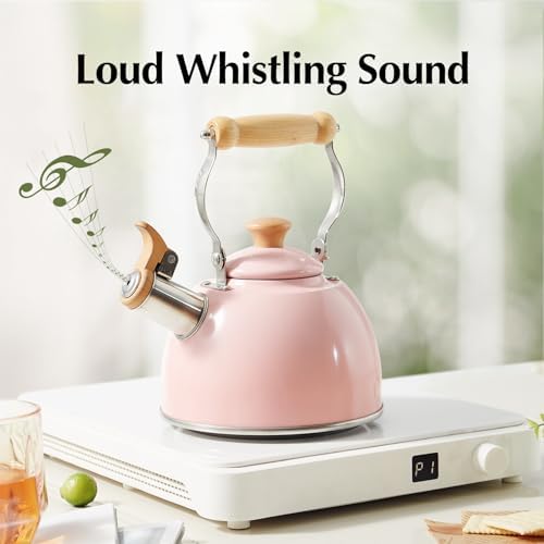 ROCKURWOK Whistling Tea Kettle for Stove Top, 1.6 Qt Small Tea Pot, Pink