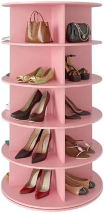SpaceAid 5 Tier Rotating Shoe Rack Tower, Spinning Shoe Display Lazy Susan, Revolving 360 Shoe Rack Storage Round Carousel, Vertical Handbag Rotate Shoes Closet Organization (5-Tier Pink)