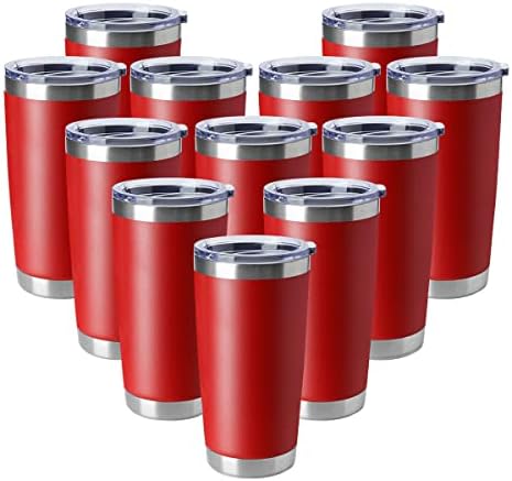 HASLE OUTFITTERS 20oz Tumblers Stainless Steel Mugs with Lid Double Wall Vacuum Insulated Coffee Cups for Cold & Hot Drinks (20oz-Red, 12 Pack)